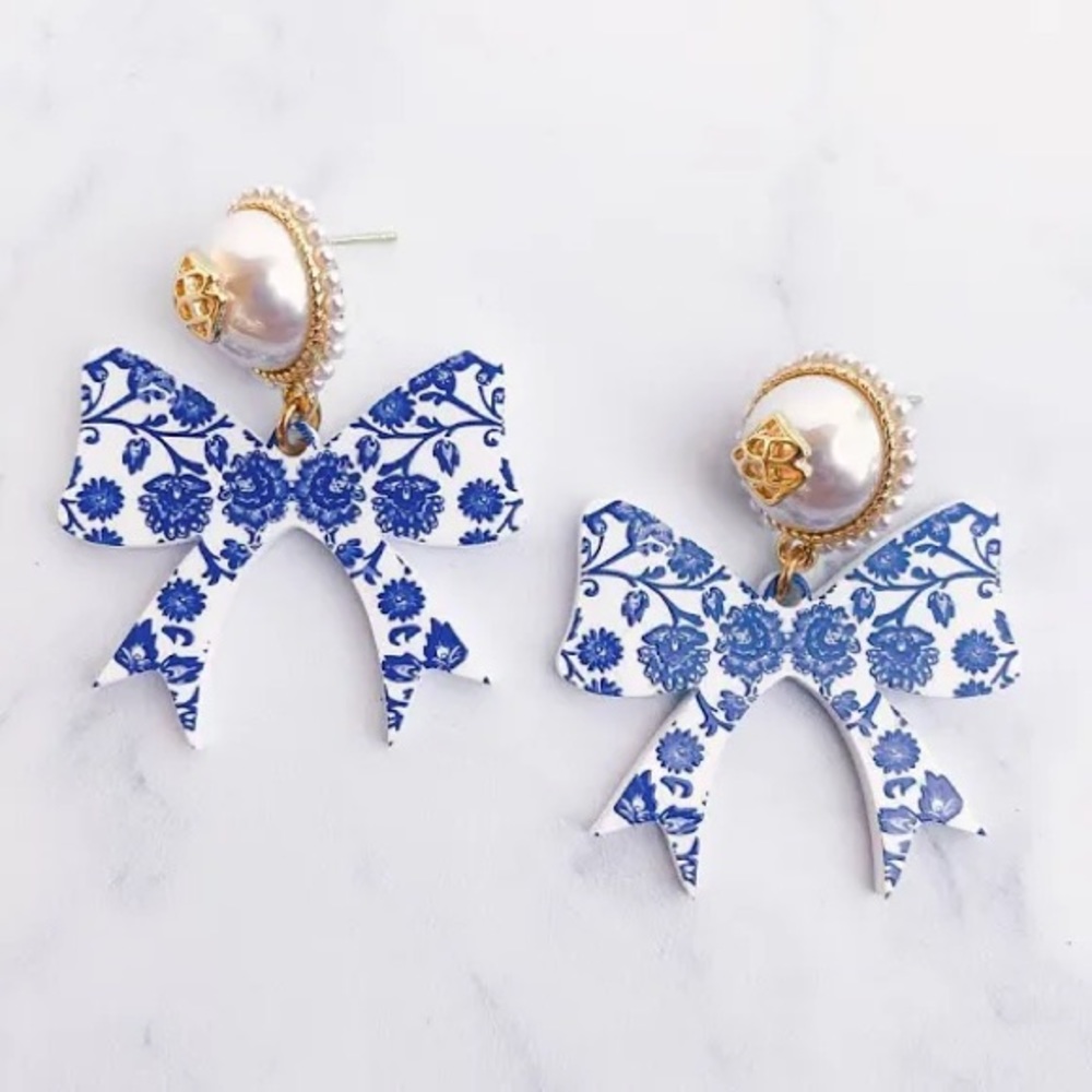Briana Cannon chinoiserie Pearl & Blue Floral Bow Drop Earrings